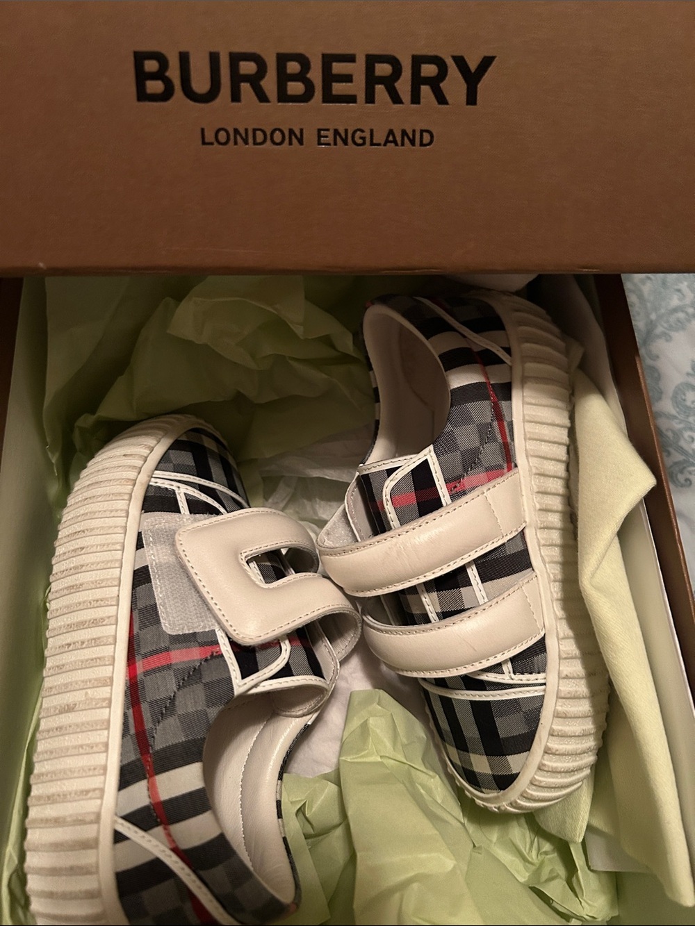 Burberry Plaid Kids Sneakers with Beige Leather Straps